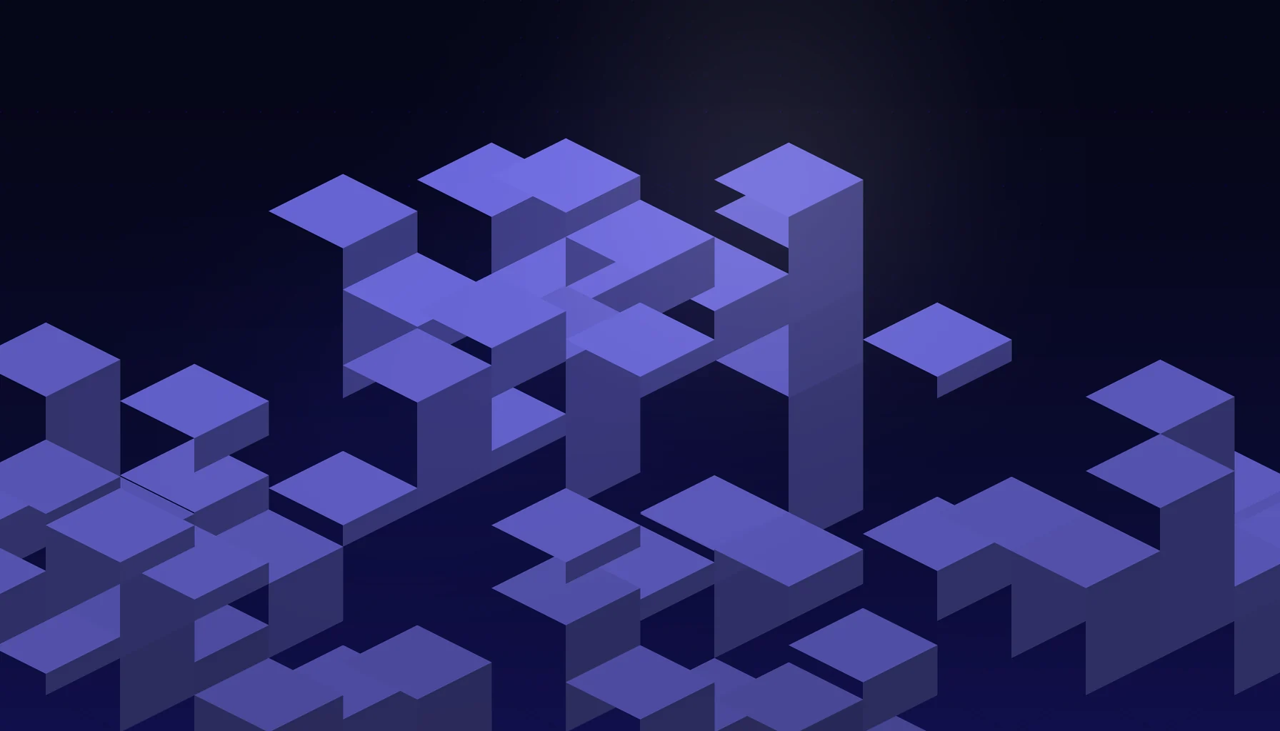 Abstract cover art: stacked isometric blocks on a dark blue field