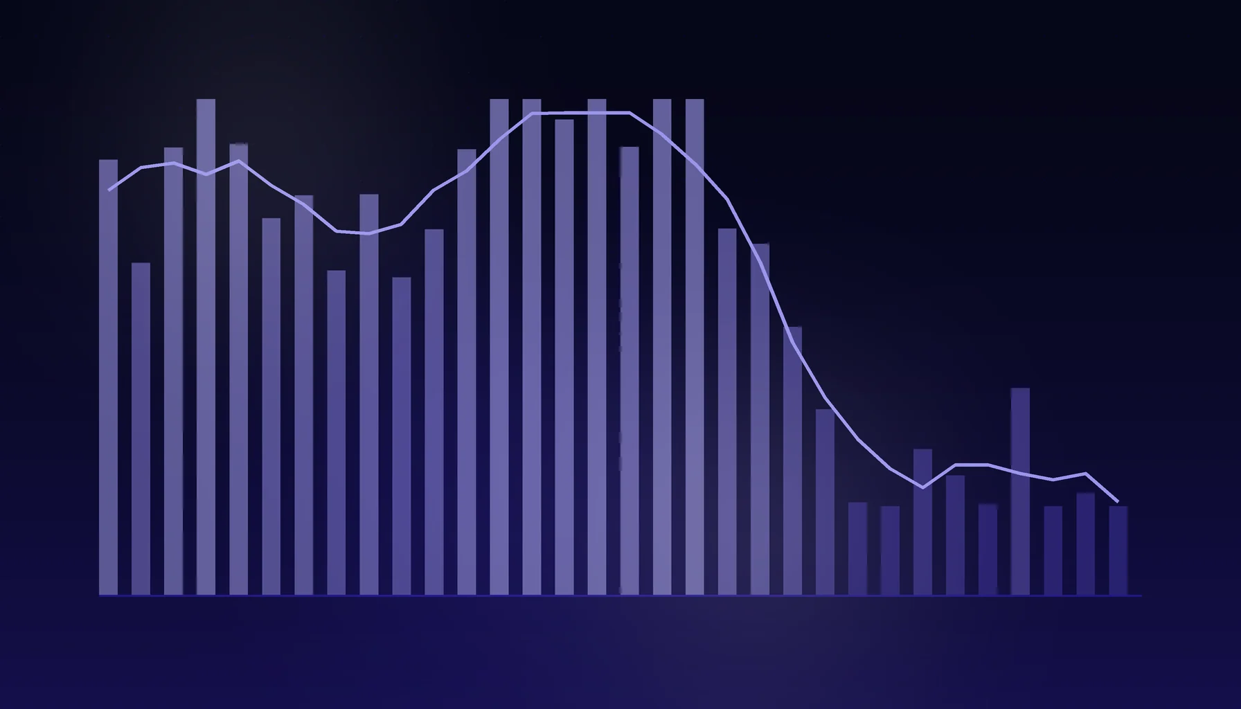 Abstract cover art: a bar series under a trend line on a dark blue field