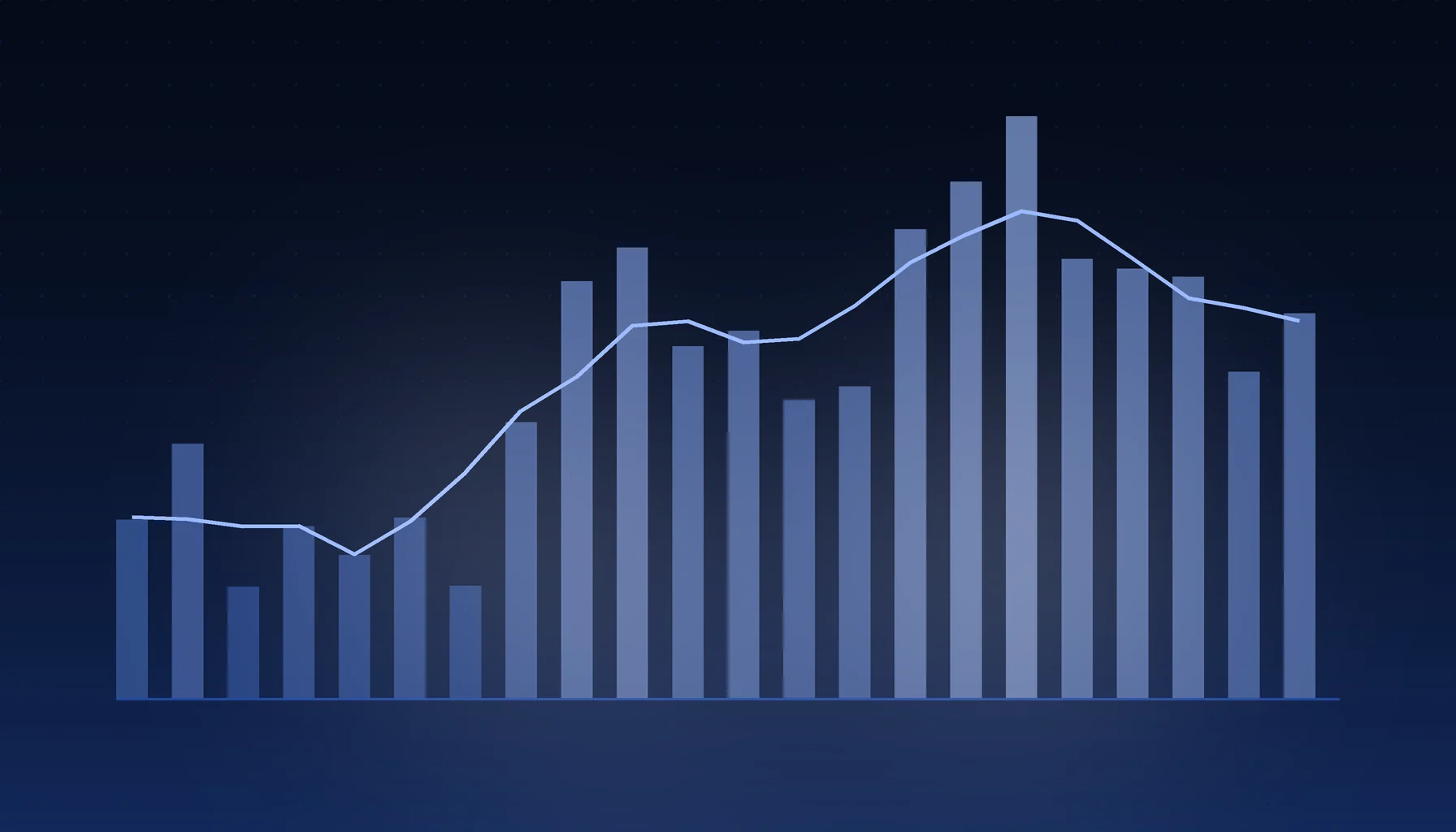 Abstract cover art: a bar series under a trend line on a dark blue field