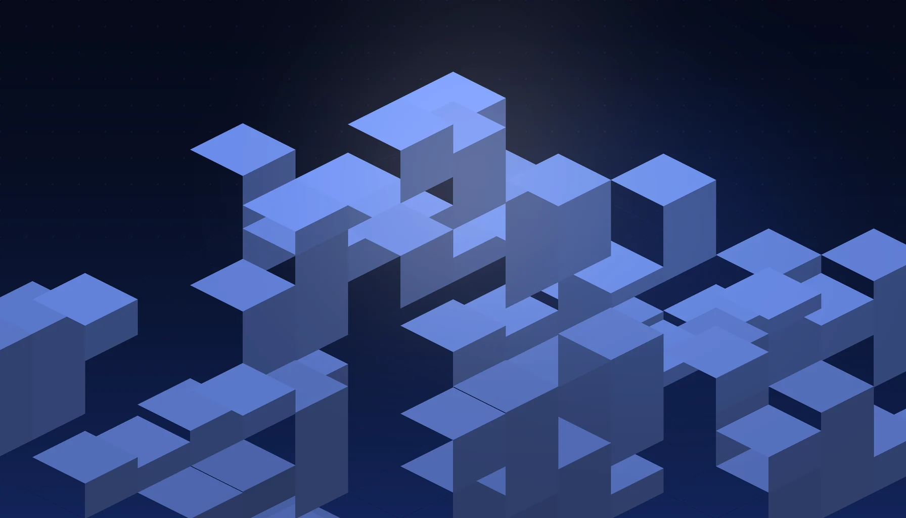 Abstract cover art: stacked isometric blocks on a dark blue field