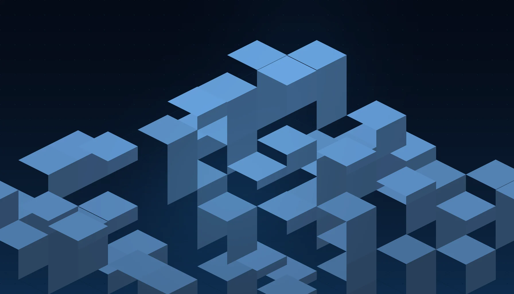 Abstract cover art: stacked isometric blocks on a dark blue field