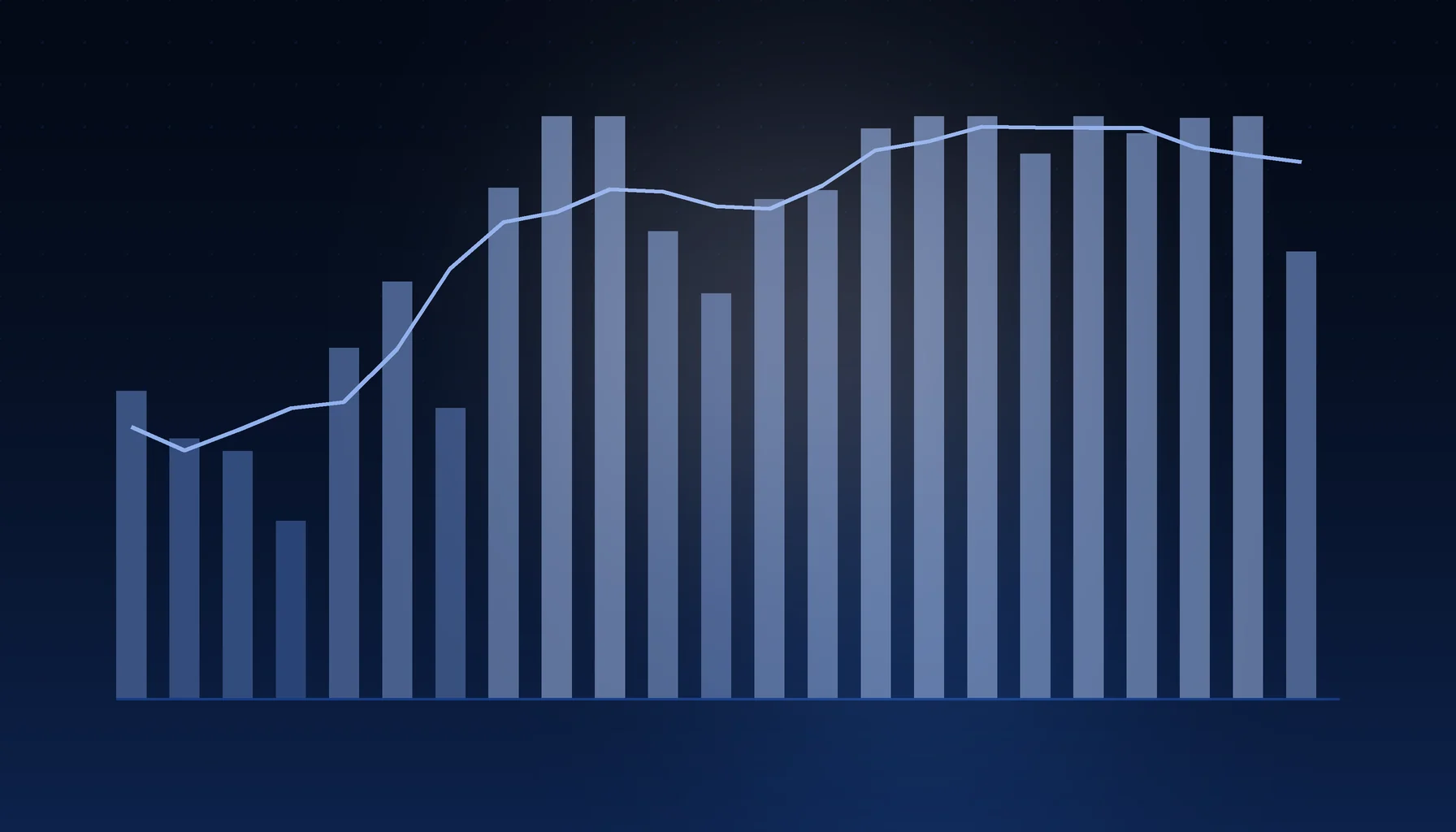 Abstract cover art: a bar series under a trend line on a dark blue field