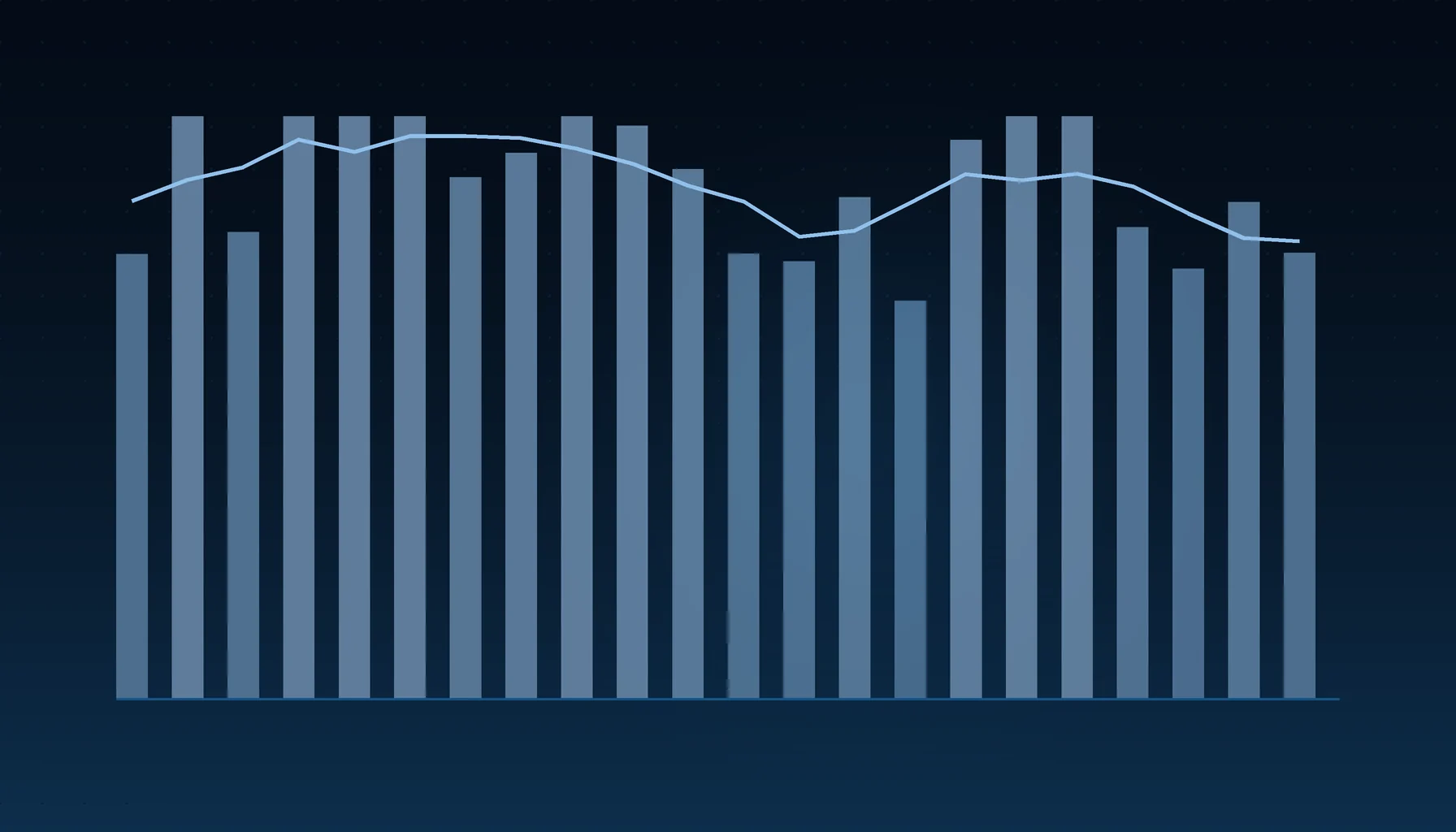 Abstract cover art: a bar series under a trend line on a dark blue field