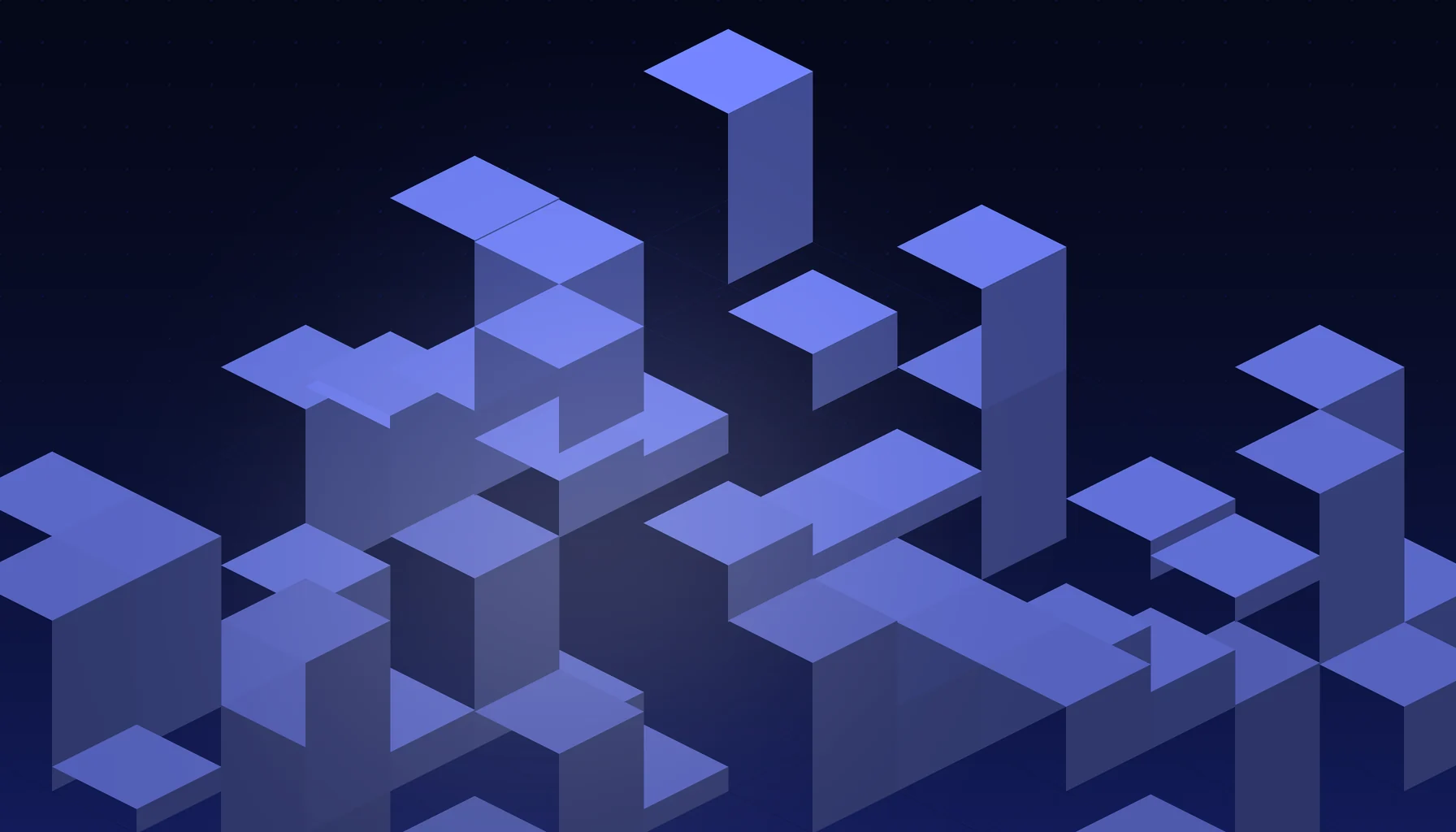 Abstract cover art: stacked isometric blocks on a dark blue field