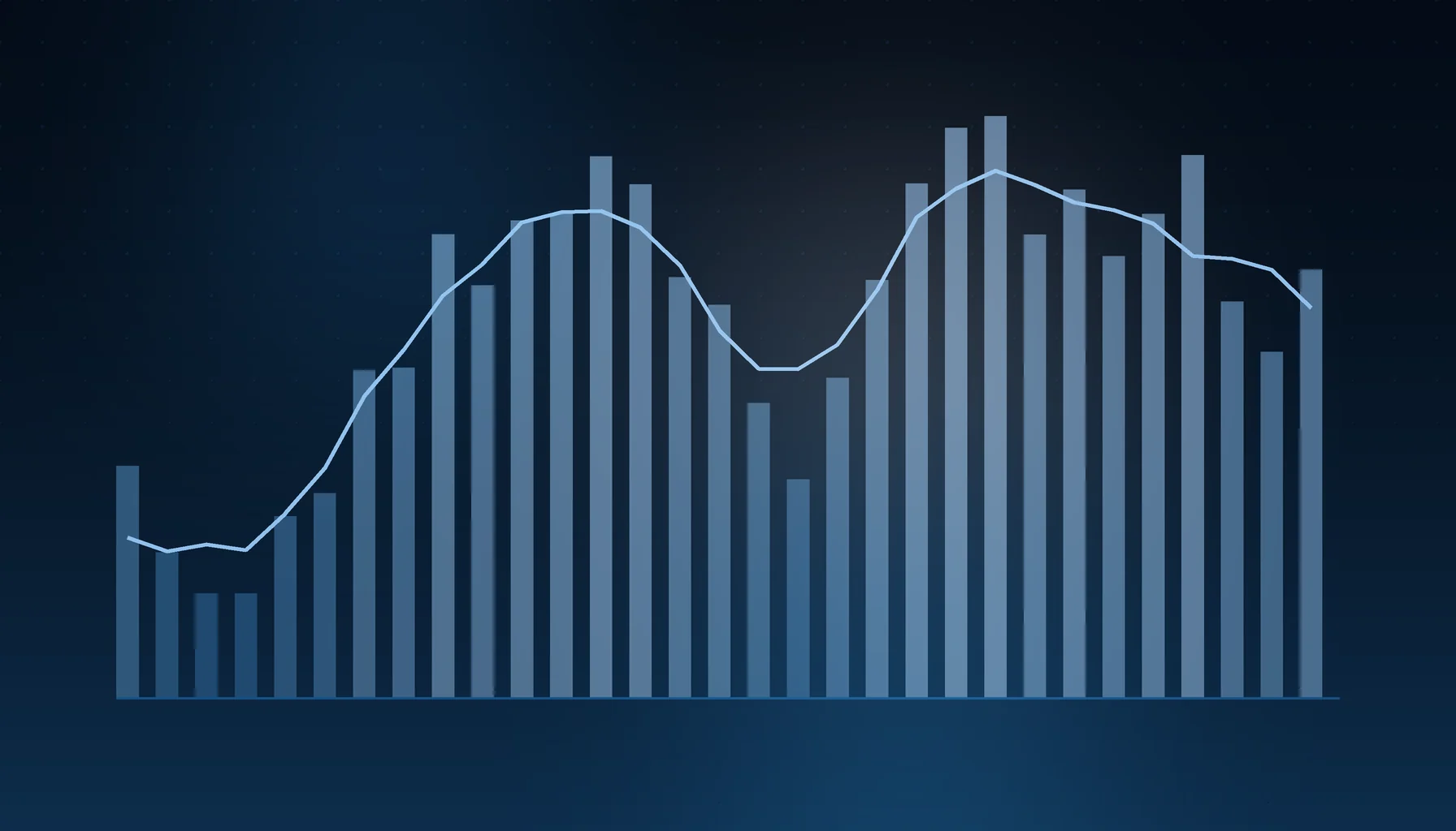 Abstract cover art: a bar series under a trend line on a dark blue field