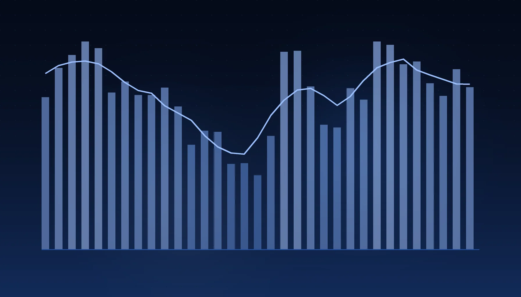 Abstract cover art: a bar series under a trend line on a dark blue field