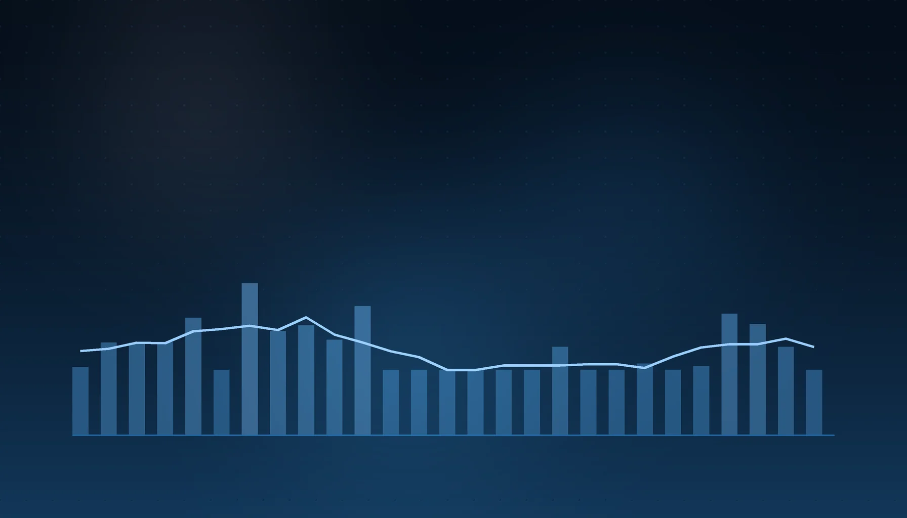 Abstract cover art: a bar series under a trend line on a dark blue field