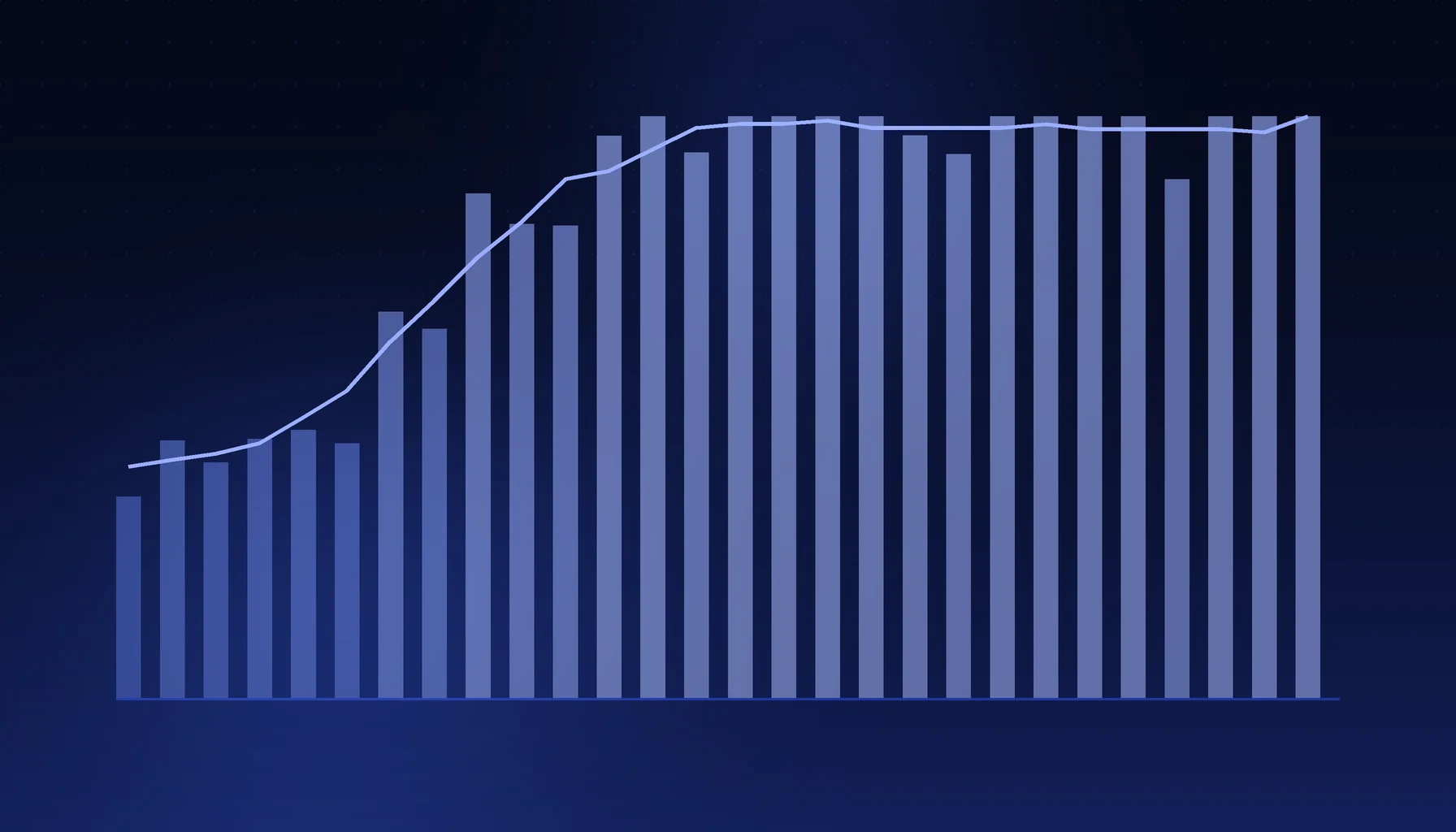 Abstract cover art: a bar series under a trend line on a dark blue field