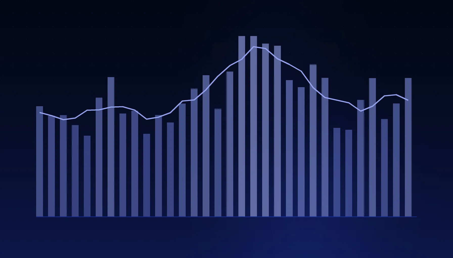 Abstract cover art: a bar series under a trend line on a dark blue field