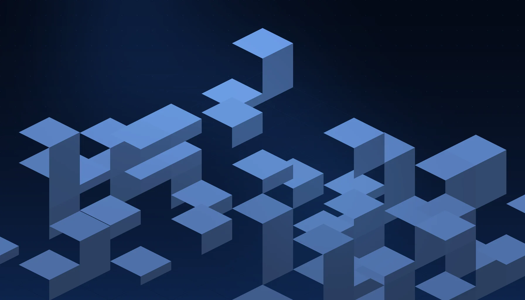Abstract cover art: stacked isometric blocks on a dark blue field